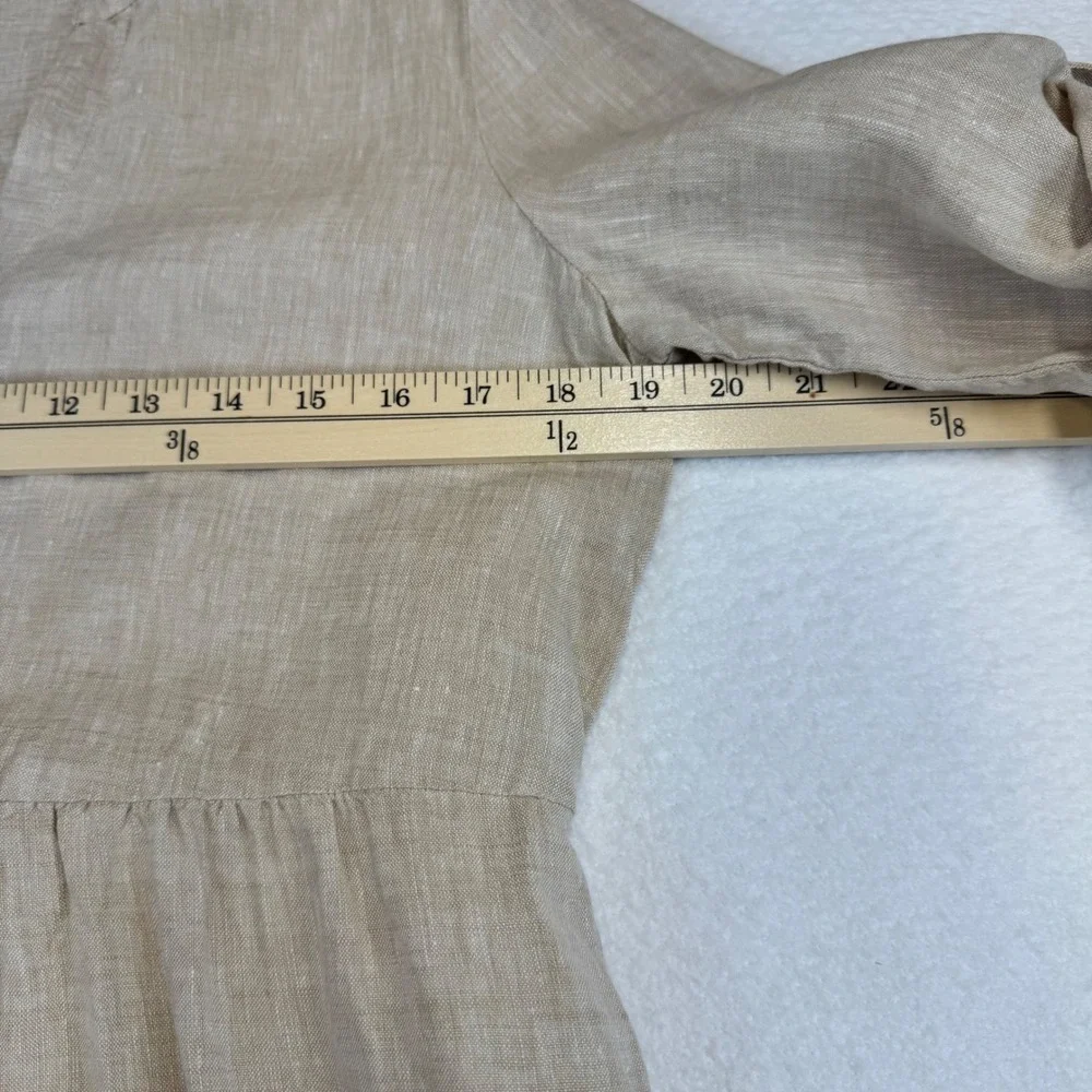 J McLaughlin Large Ceylon Linen Dress V-Neck 3/4 Sleeve Beige Midi Shirt Dress - Picture 4 of 9